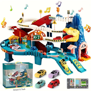 DinoRush | Emocionante aventura prehistórica - Set de juego de dinosaurios con pista de carreras y pista de montaña